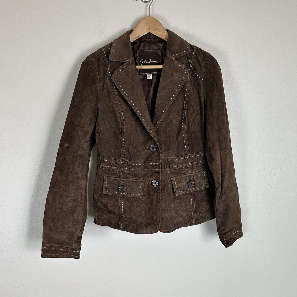 Leather Women’s Suede Jacket Chocolate Brown Size 10 L Button Y2K Vintage Stitch